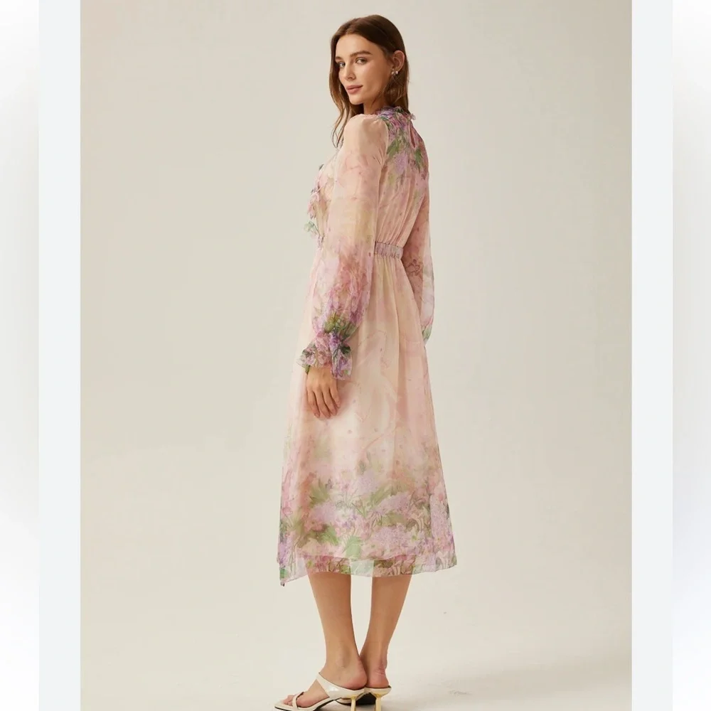 NWT Miss Rosier JUSTINE Dress floral print cinched midi size Small PINK cottage - Picture 4 of 16